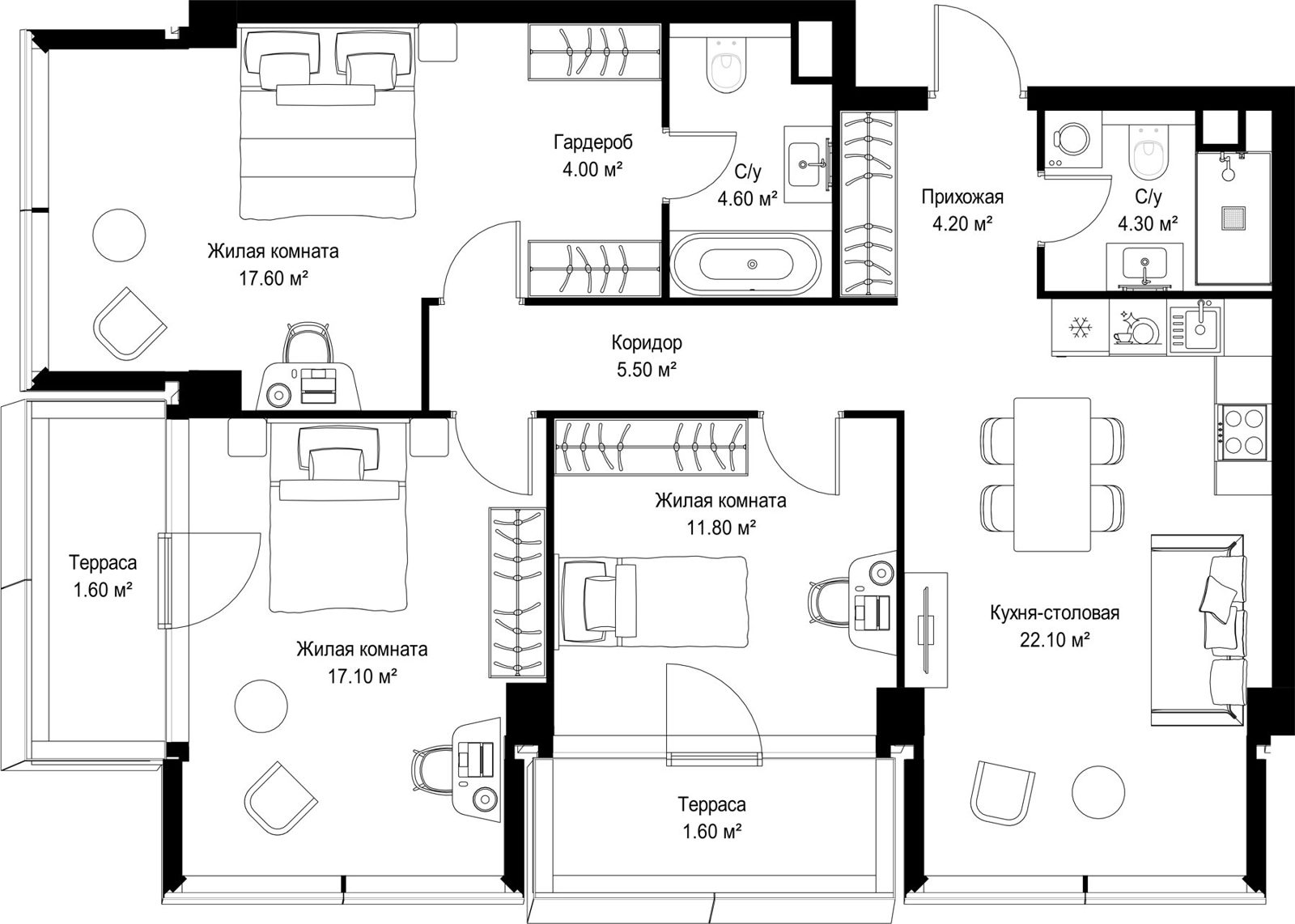 3-комнатная квартира, 94,4 м²