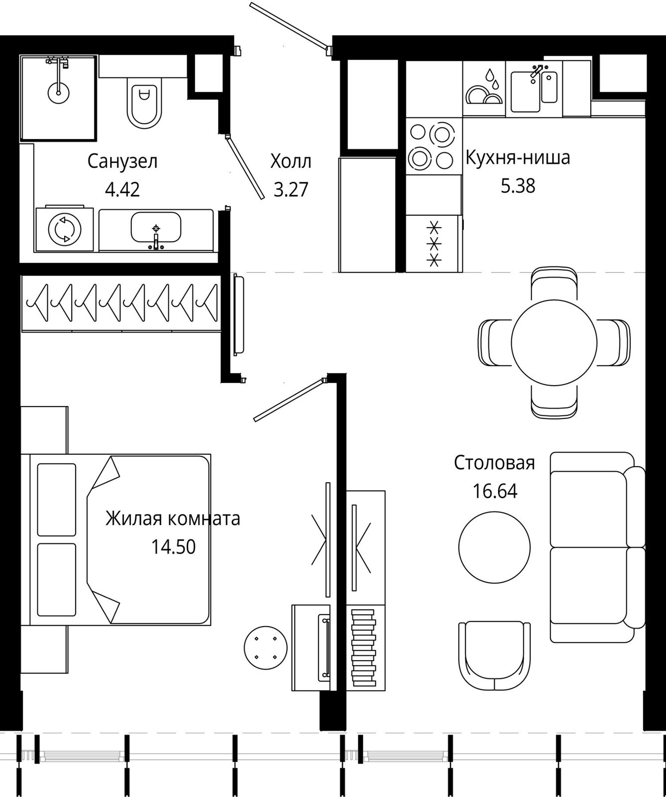 1-комнатная квартира, 44,1 м²