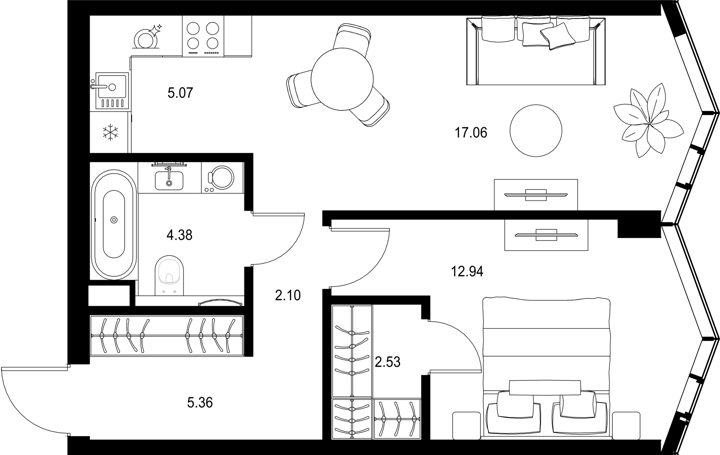 1-комнатная квартира, 49,4 м²