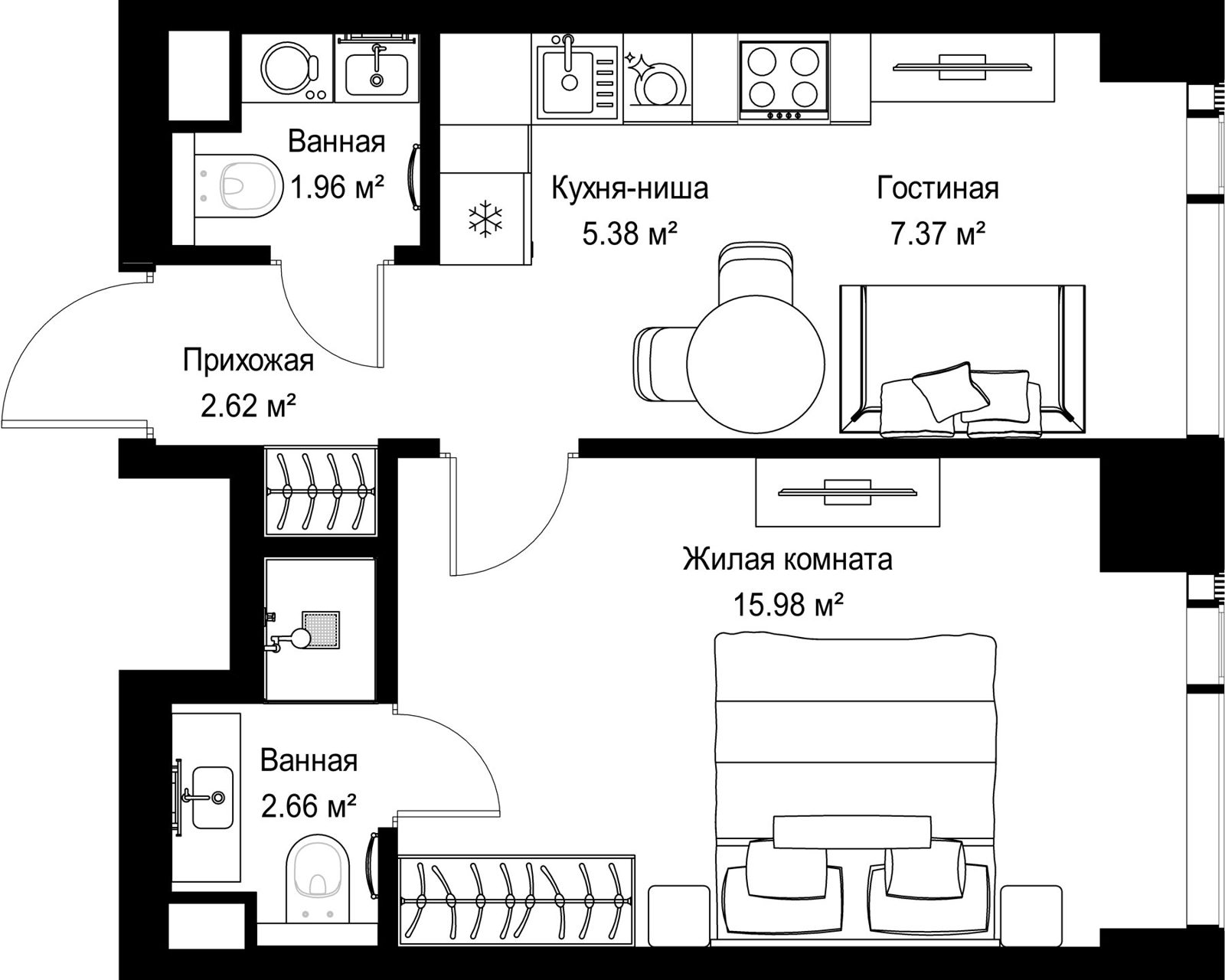 1-комнатная квартира, 36 м²