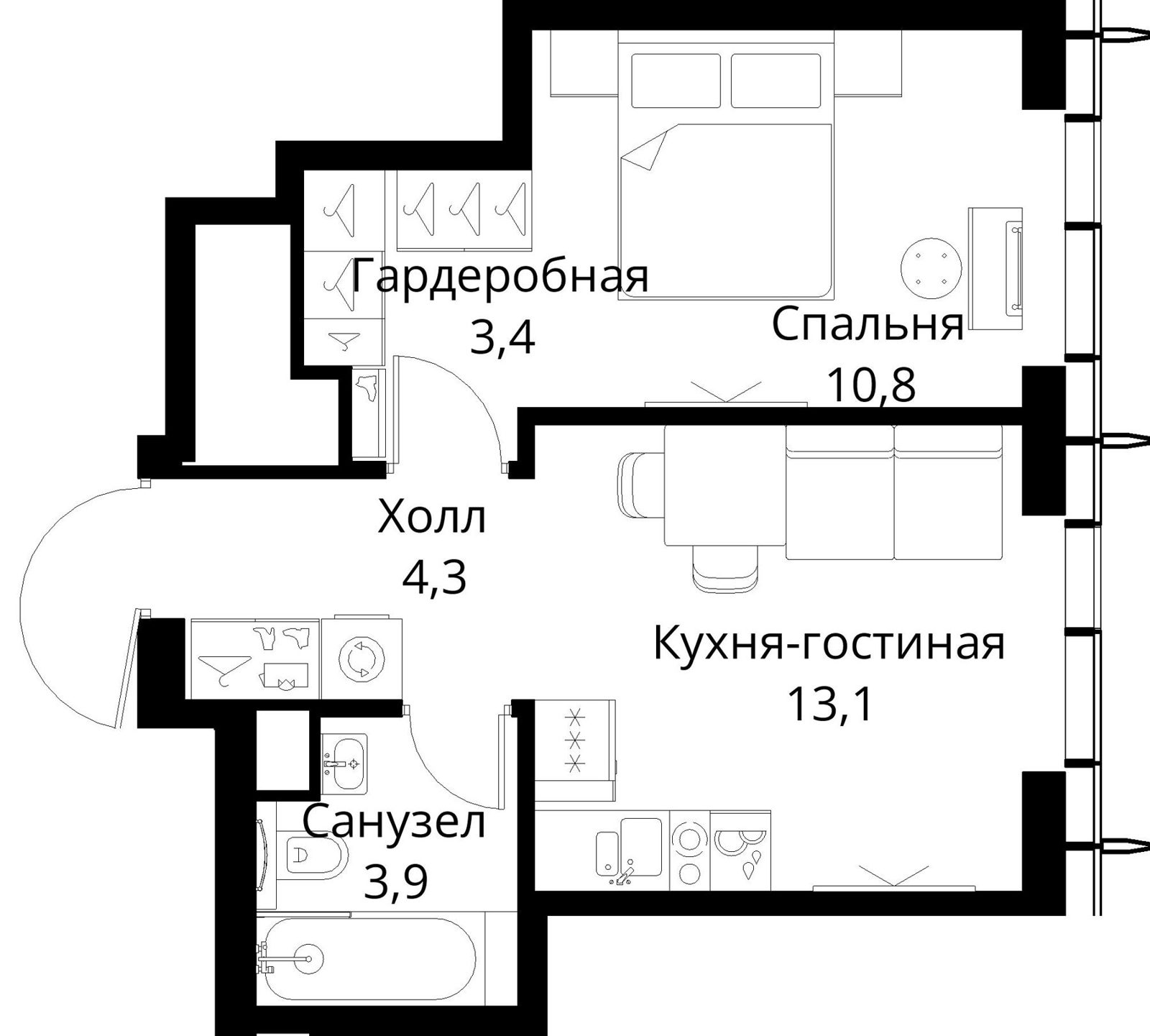 1-комнатная квартира, 35,5 м²