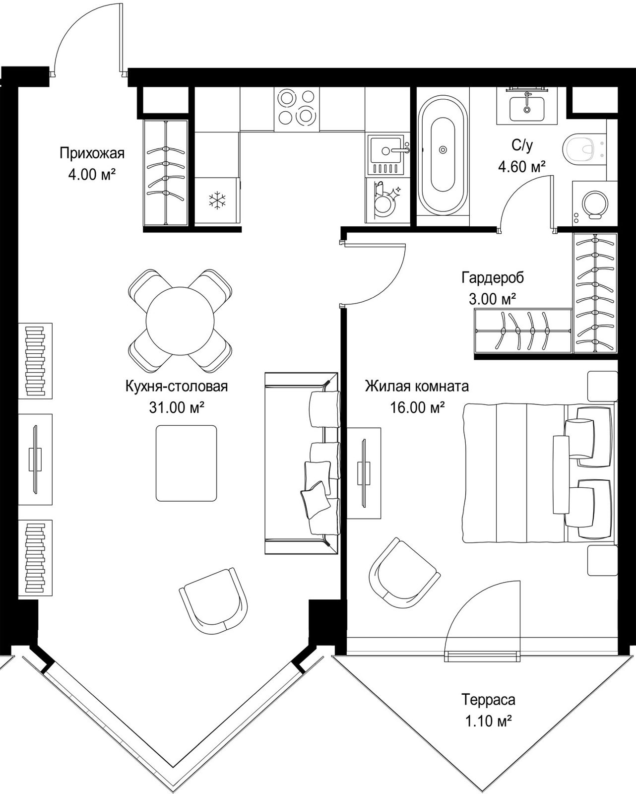 1-комнатная квартира, 59,7 м²