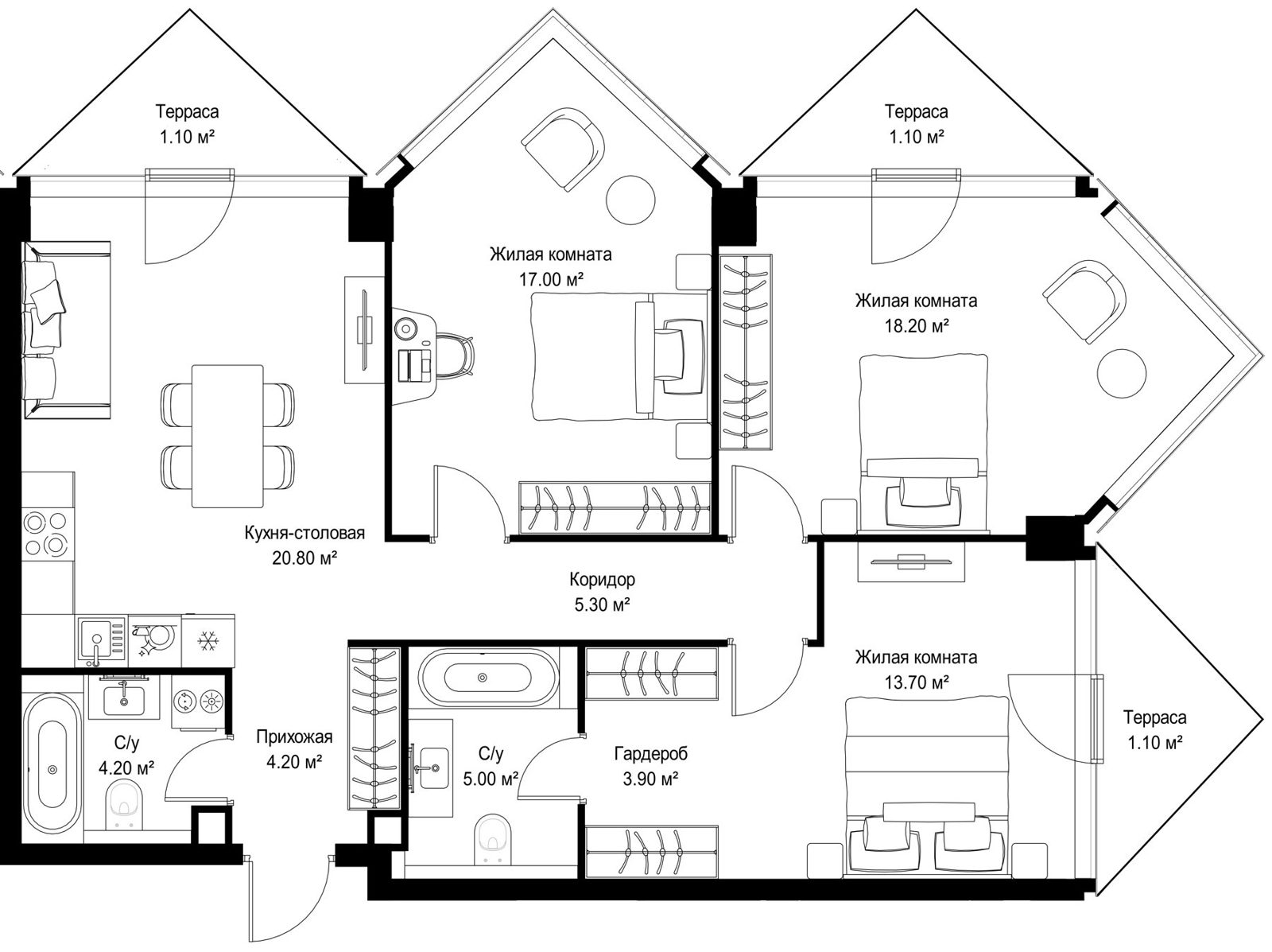 3-комнатная квартира, 95,6 м²