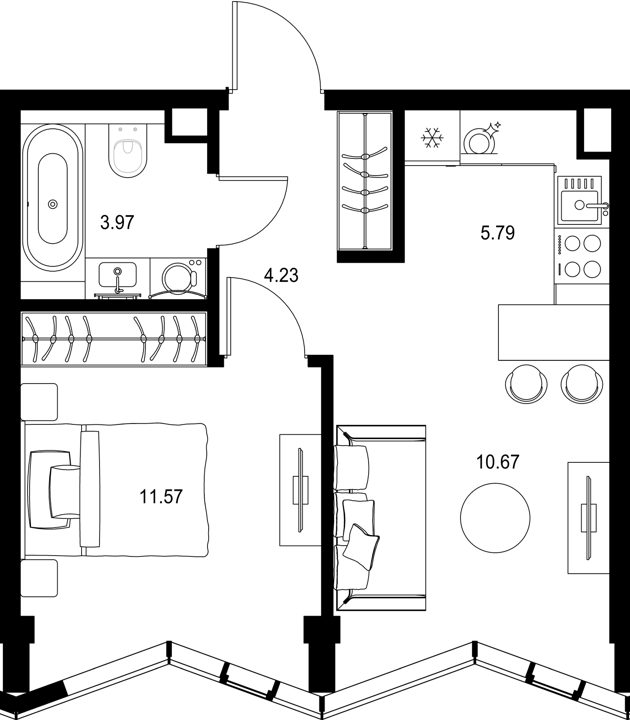 1-комнатная квартира, 36,2 м²