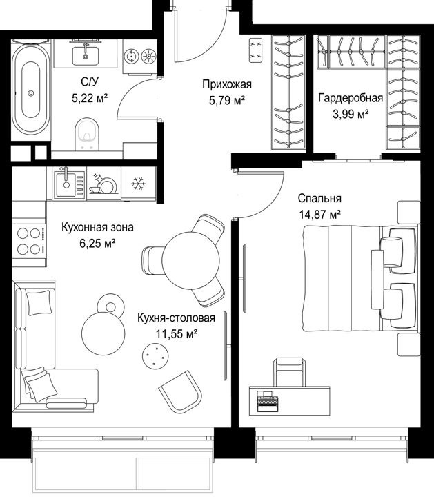 1-комнатная квартира, 47,7 м² — фото 1