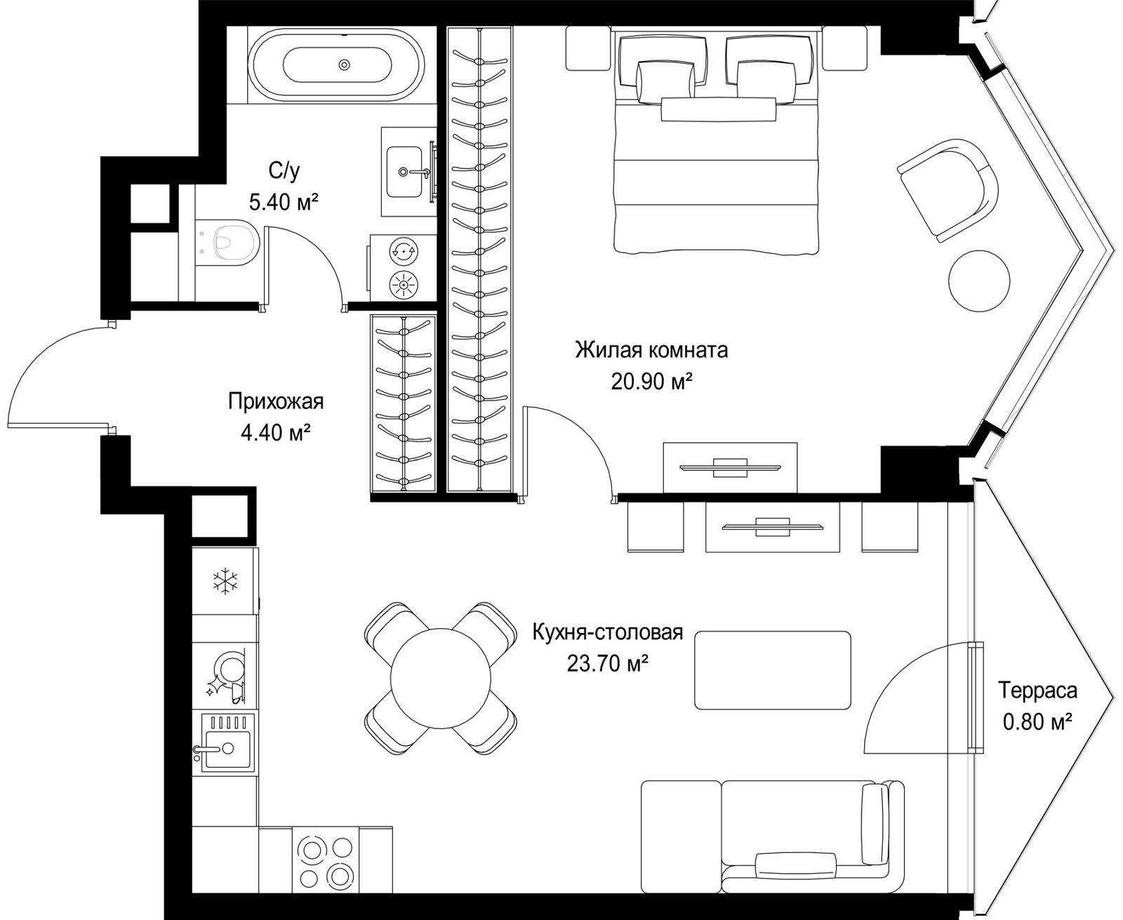 1-комнатная квартира, 55,2 м²