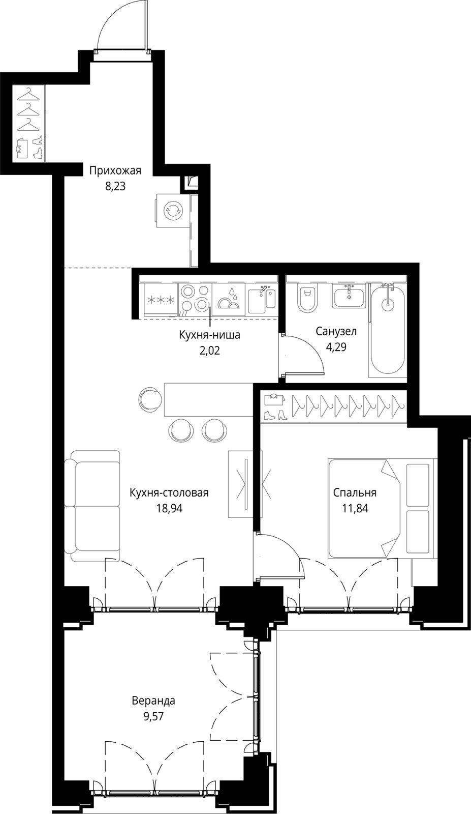 1-комнатная квартира, 54,9 м²