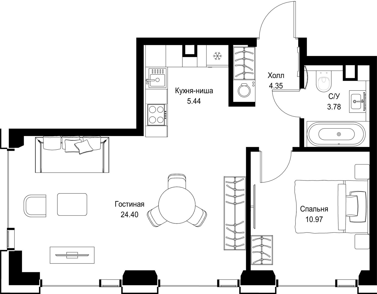 1-комнатная квартира, 48,9 м²