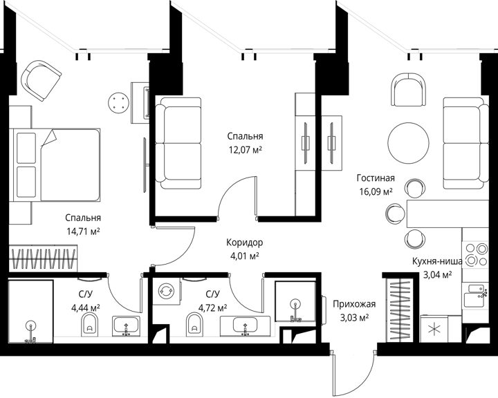 2-комнатная квартира, 61,9 м²