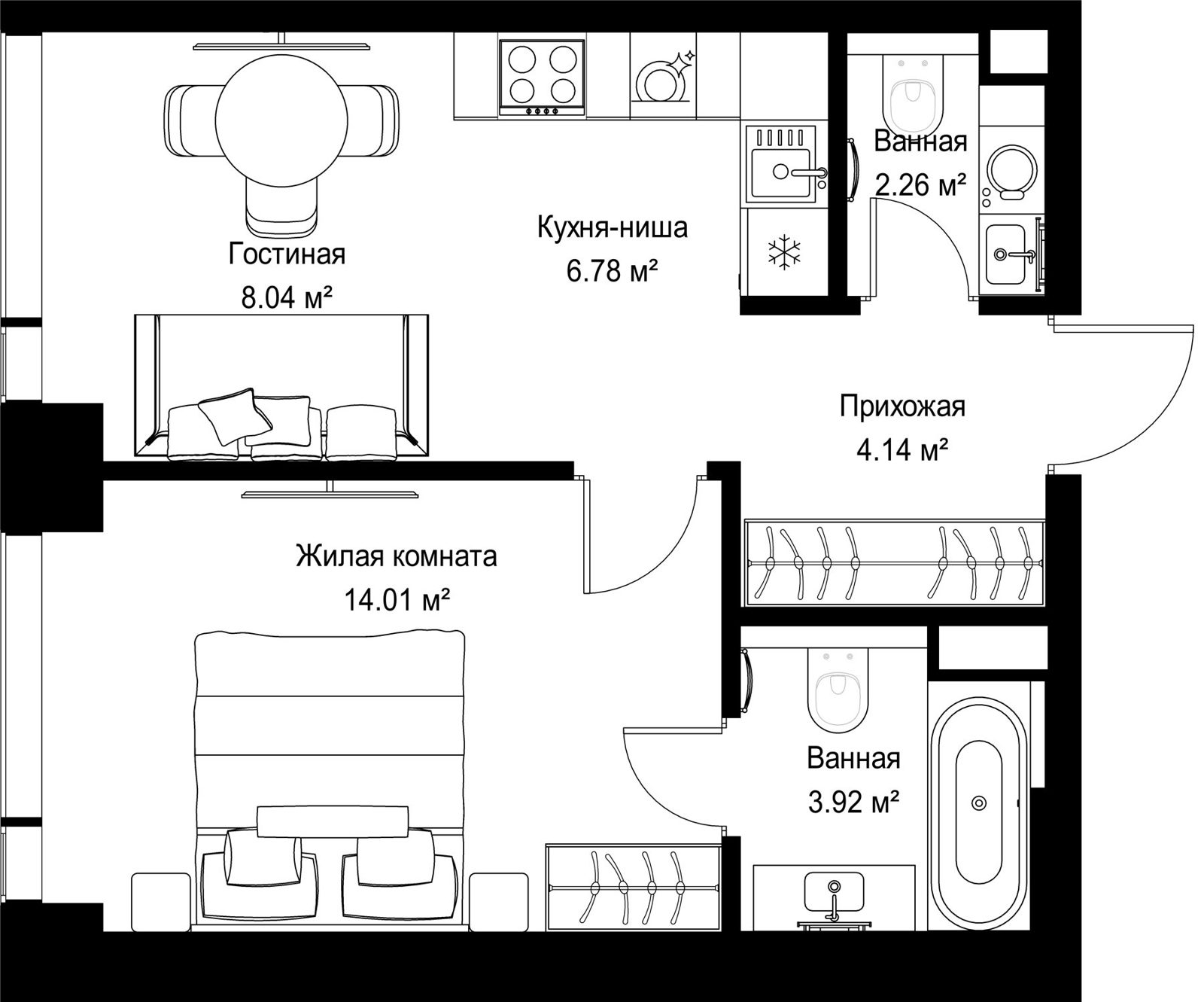 1-комнатная квартира, 39,1 м²