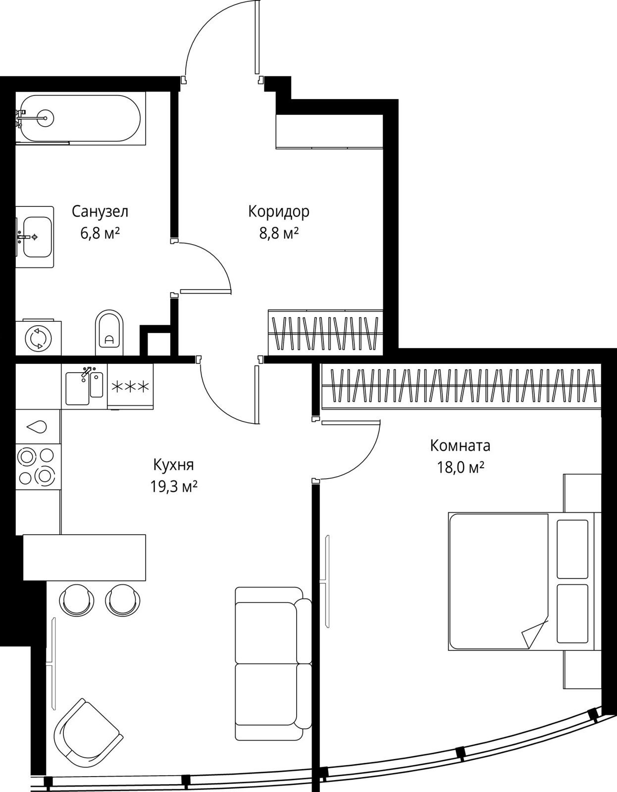 1-комнатная квартира, 52,9 м²