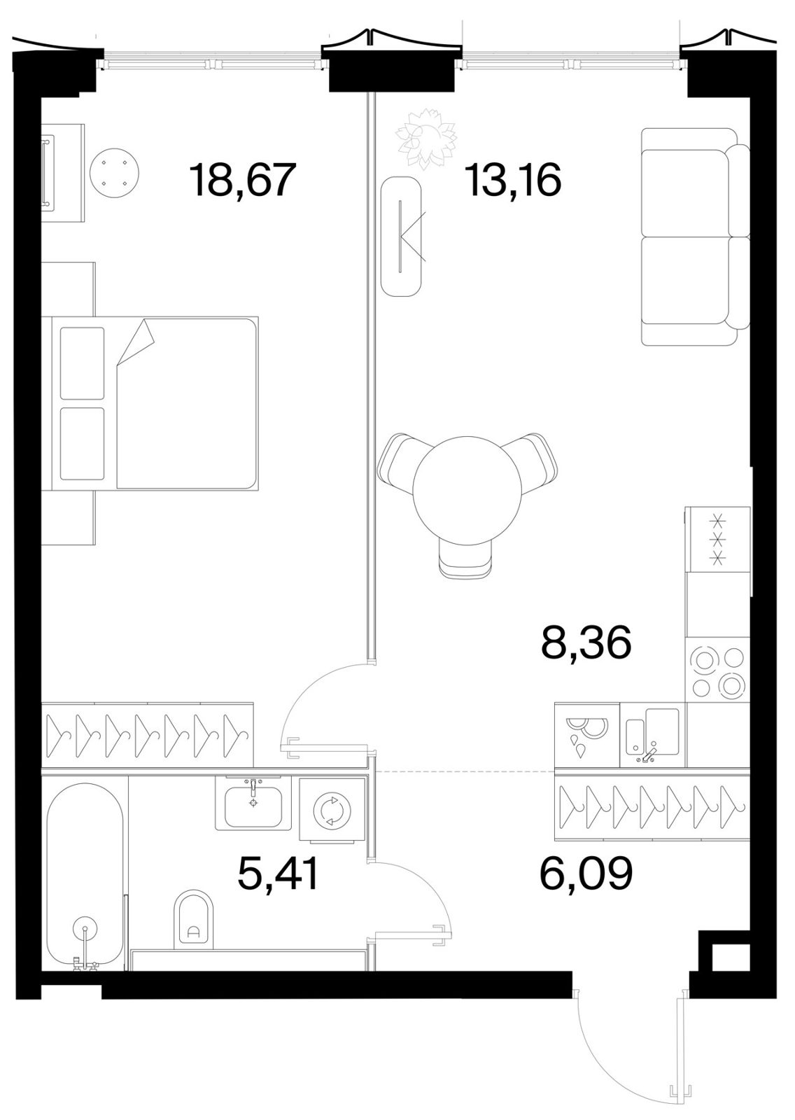 1-комнатная квартира, 51,7 м²