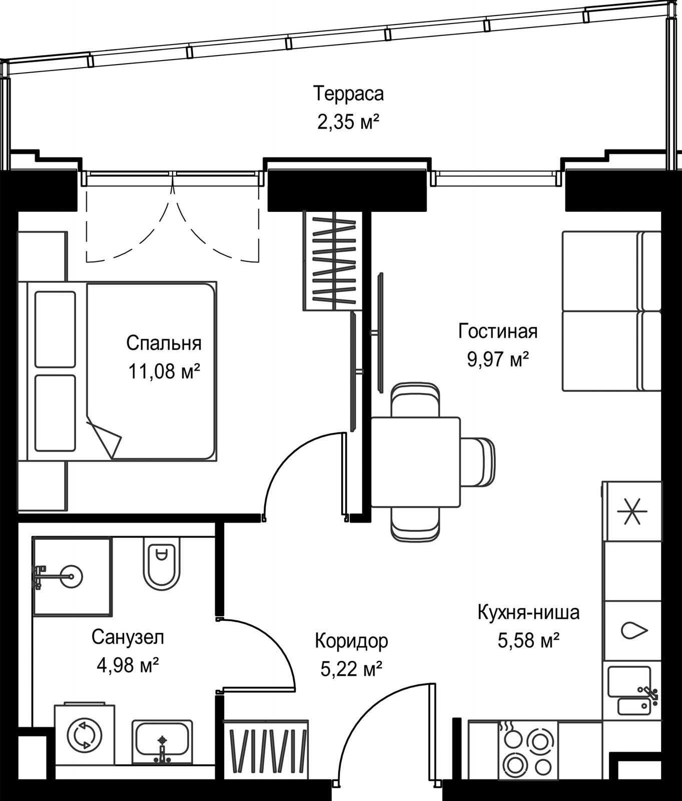 1-комнатная квартира, 39,4 м²