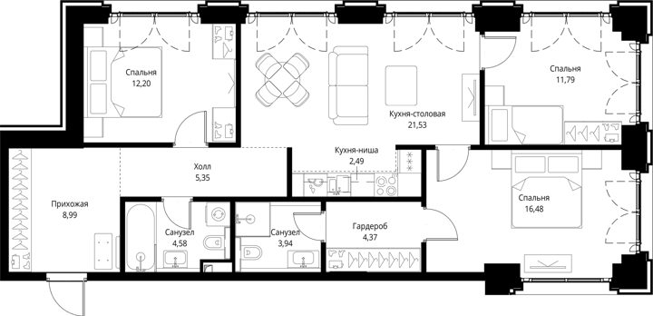 3-комнатная квартира, 91,7 м² — фото 1