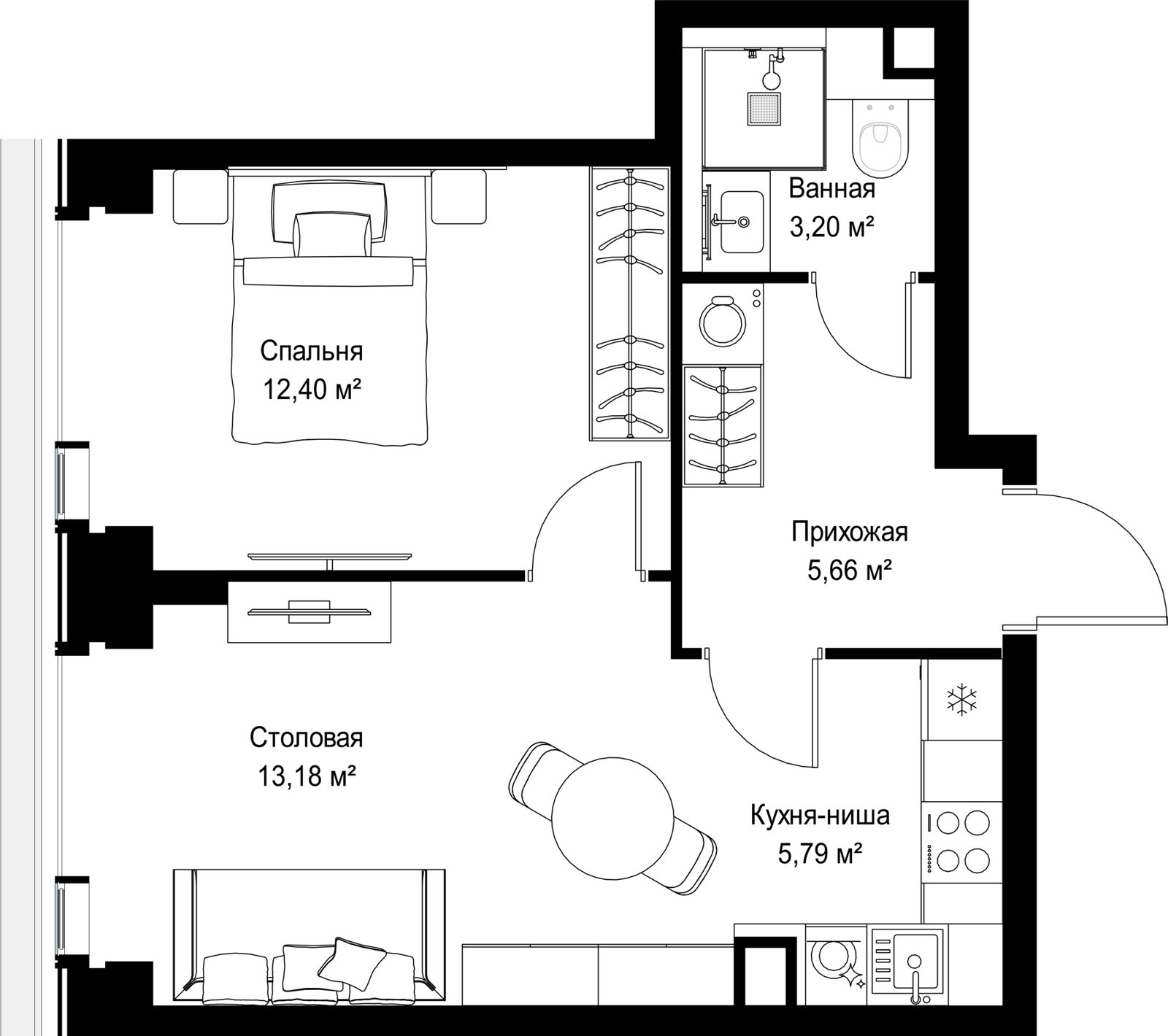 1-комнатная квартира, 40,2 м² — фото 2