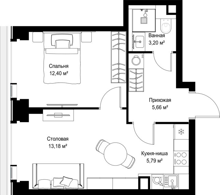 1-комнатная квартира, 40,2 м² — фото 2