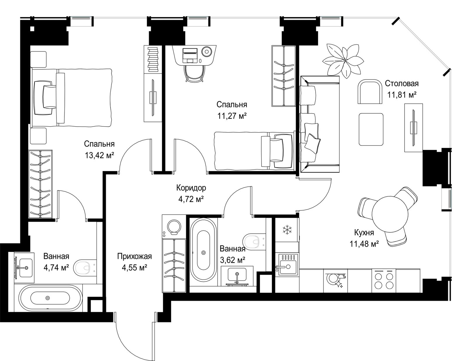 2-комнатная квартира, 65,6 м² — фото 2