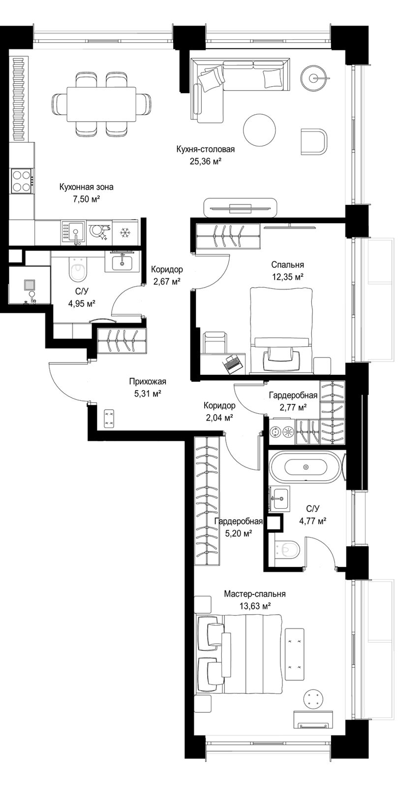 2-комнатная квартира, 86,5 м²
