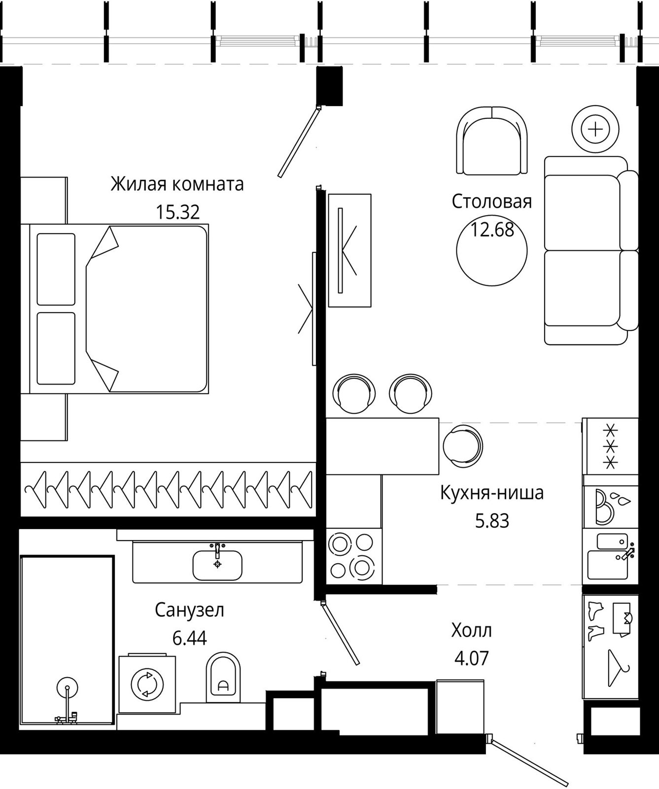 1-комнатная квартира, 44,1 м²