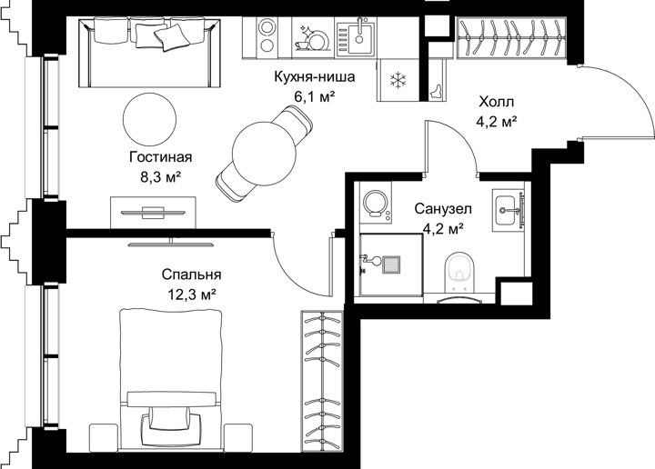 1-комнатная квартира, 35,1 м²