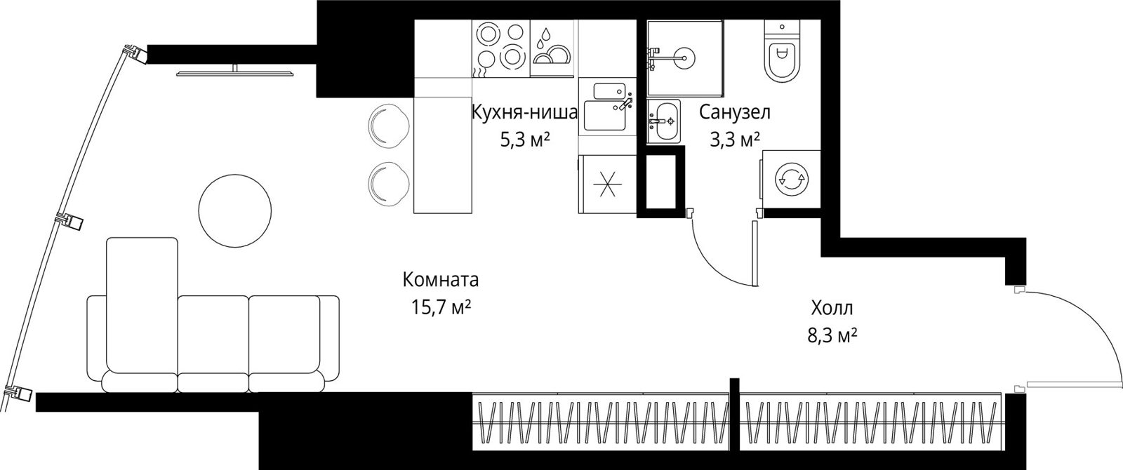 Квартира-студия, 32,6 м²