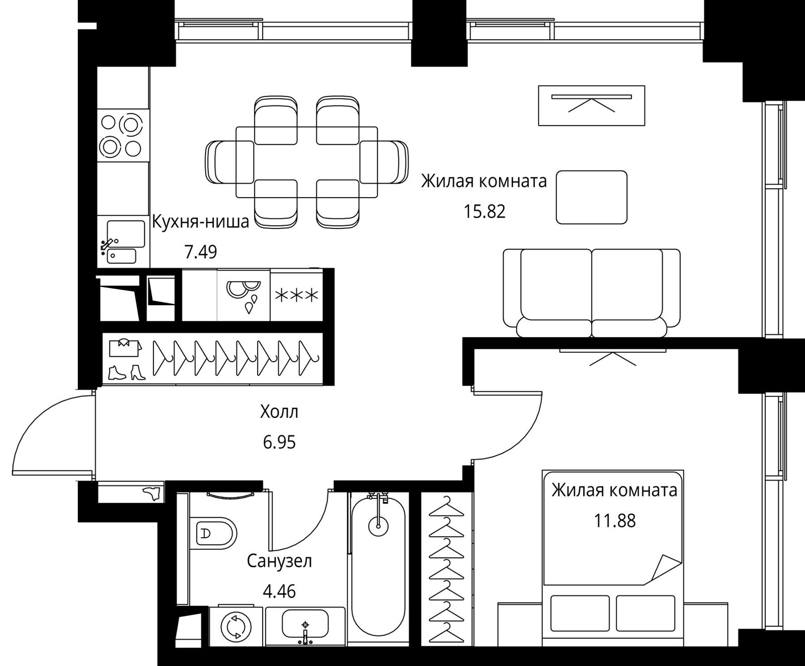 1-комнатная квартира, 46,6 м²