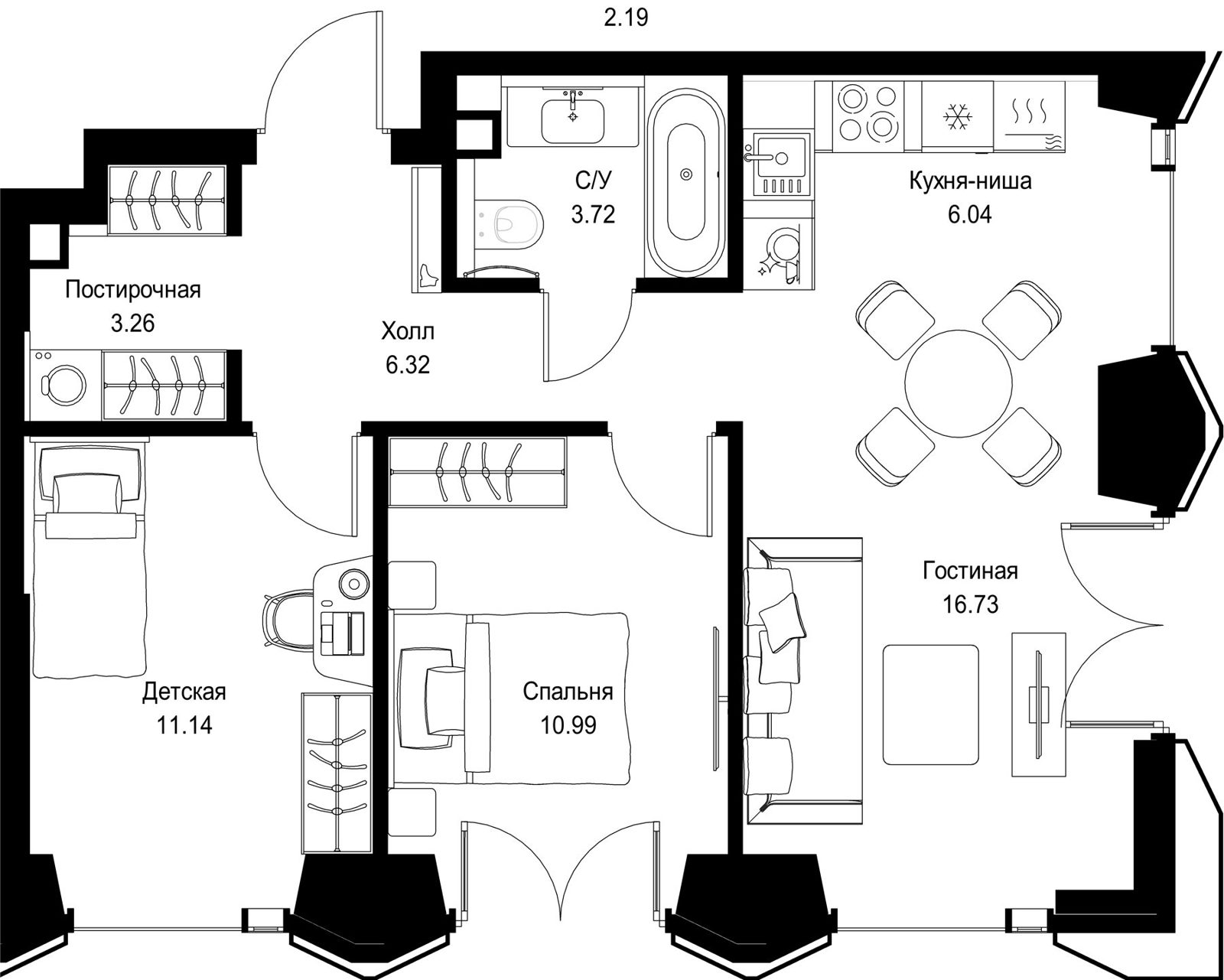 2-комнатная квартира, 58,2 м²