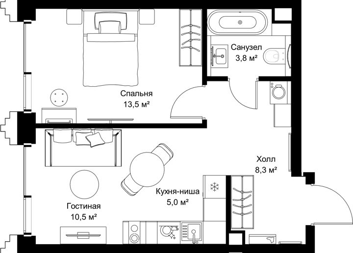 1-комнатная квартира, 41,1 м²