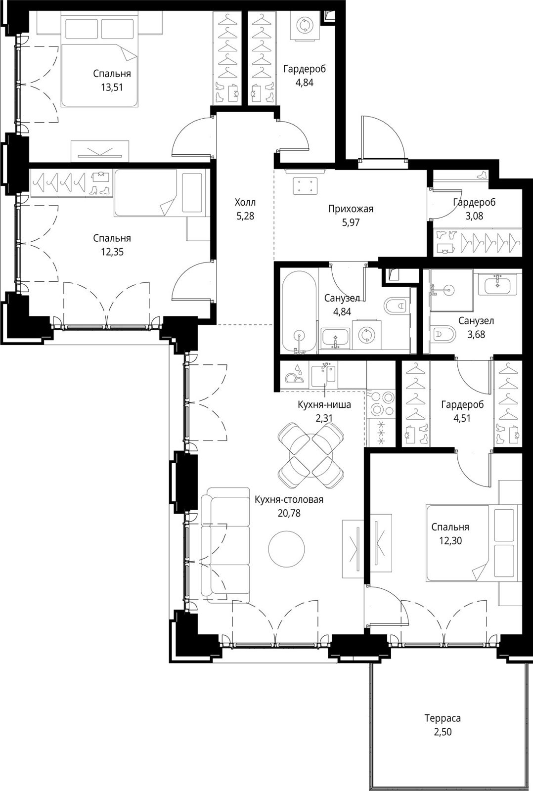 3-комнатная квартира, 96 м²