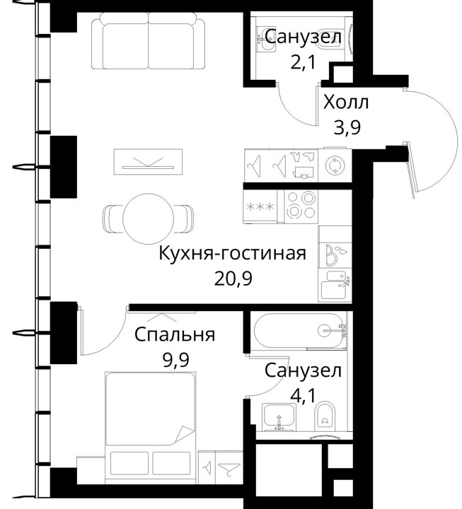 1-комнатная квартира, 40,9 м² — фото 1