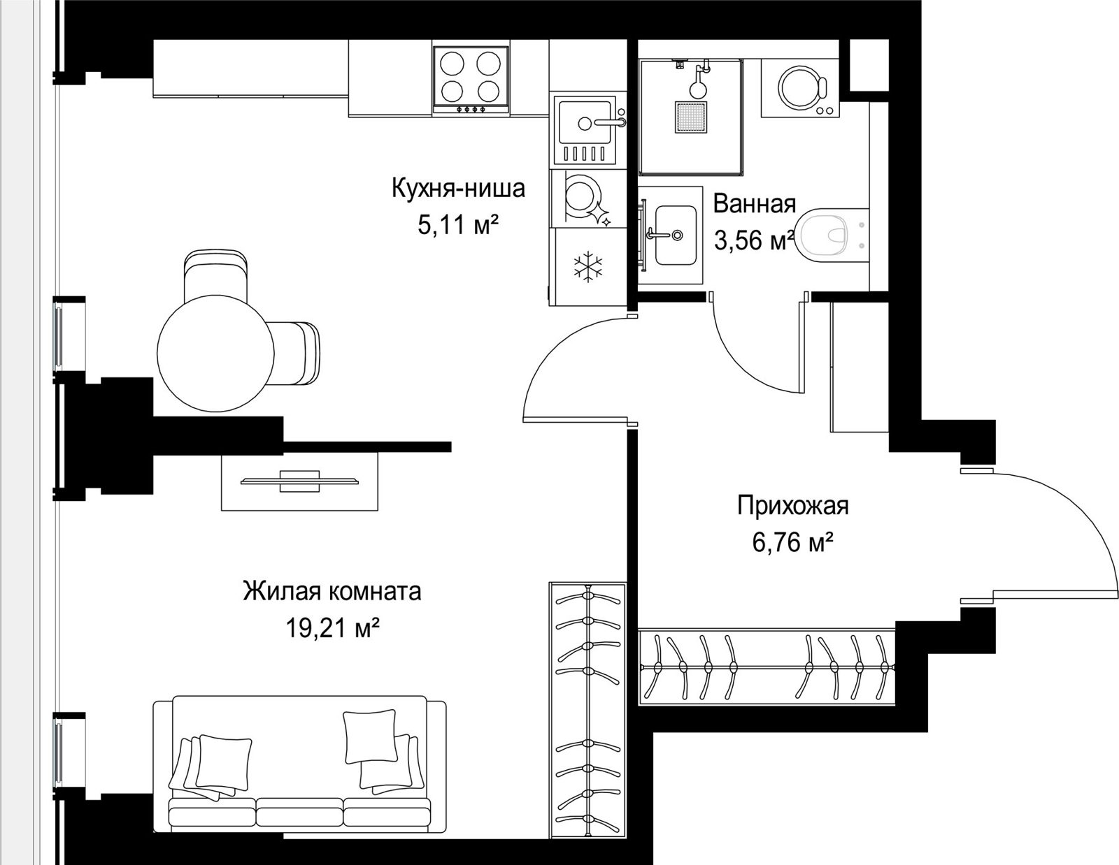 1-комнатная квартира, 34,6 м²