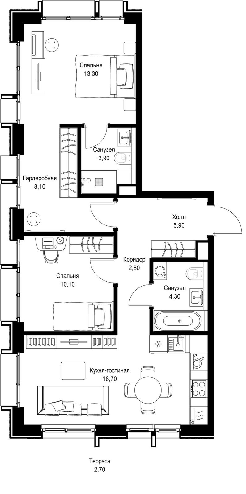 2-комнатная квартира, 69,8 м²