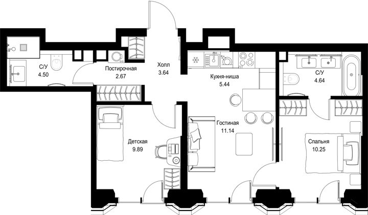 2-комнатная квартира, 52,6 м²