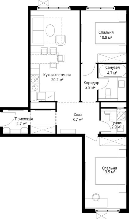 2-комнатная квартира, 66,3 м² — фото 1
