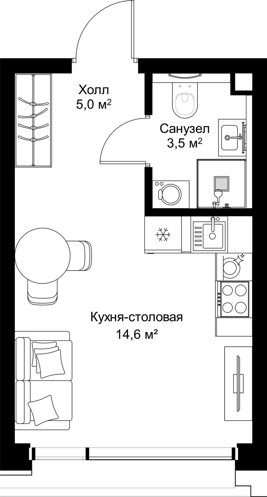 Квартира-студия, 23,1 м²