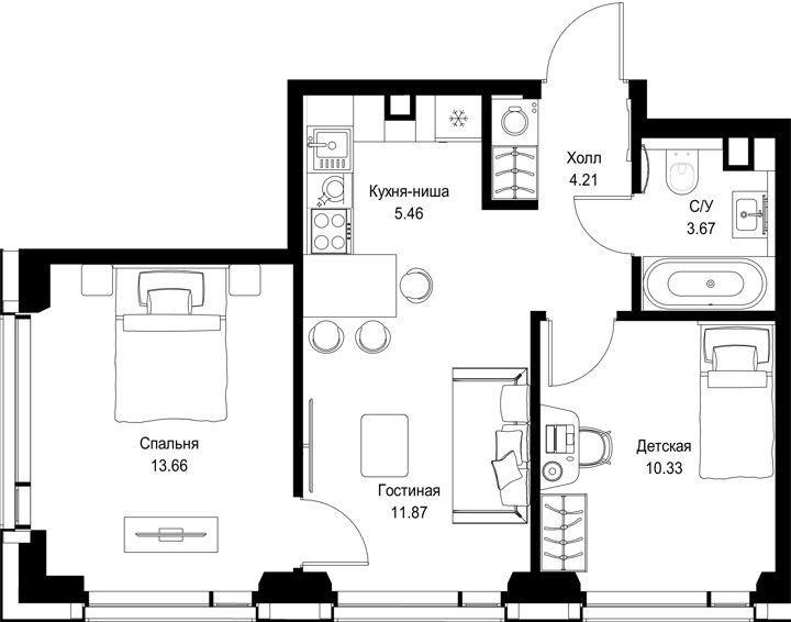 2-комнатная квартира, 49,2 м²