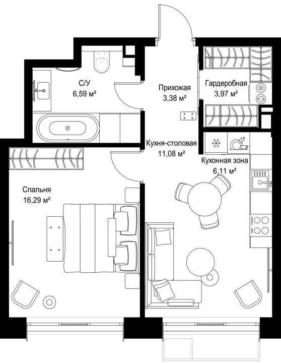 1-комнатная квартира, 47,4 м² — фото 1
