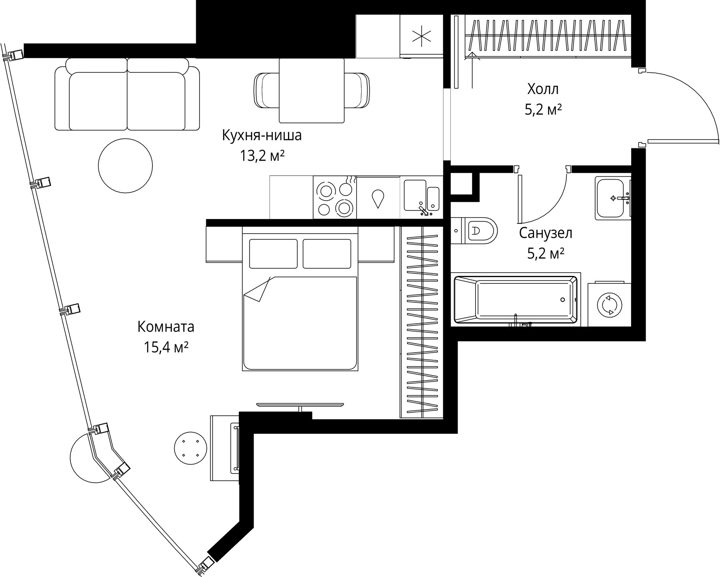 1-комнатная квартира, 39 м² — фото 1