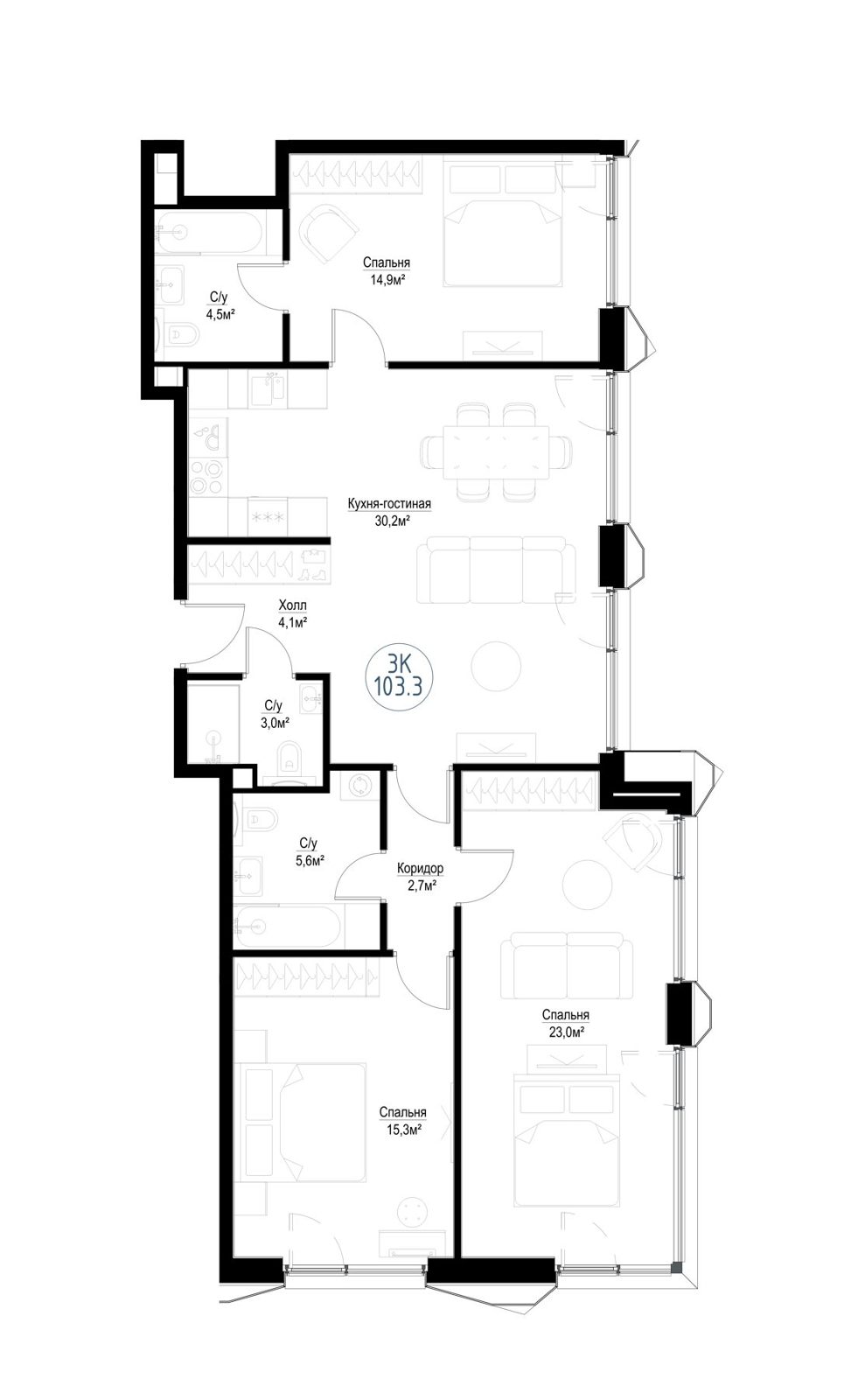 4-комнатная квартира, 101,3 м²