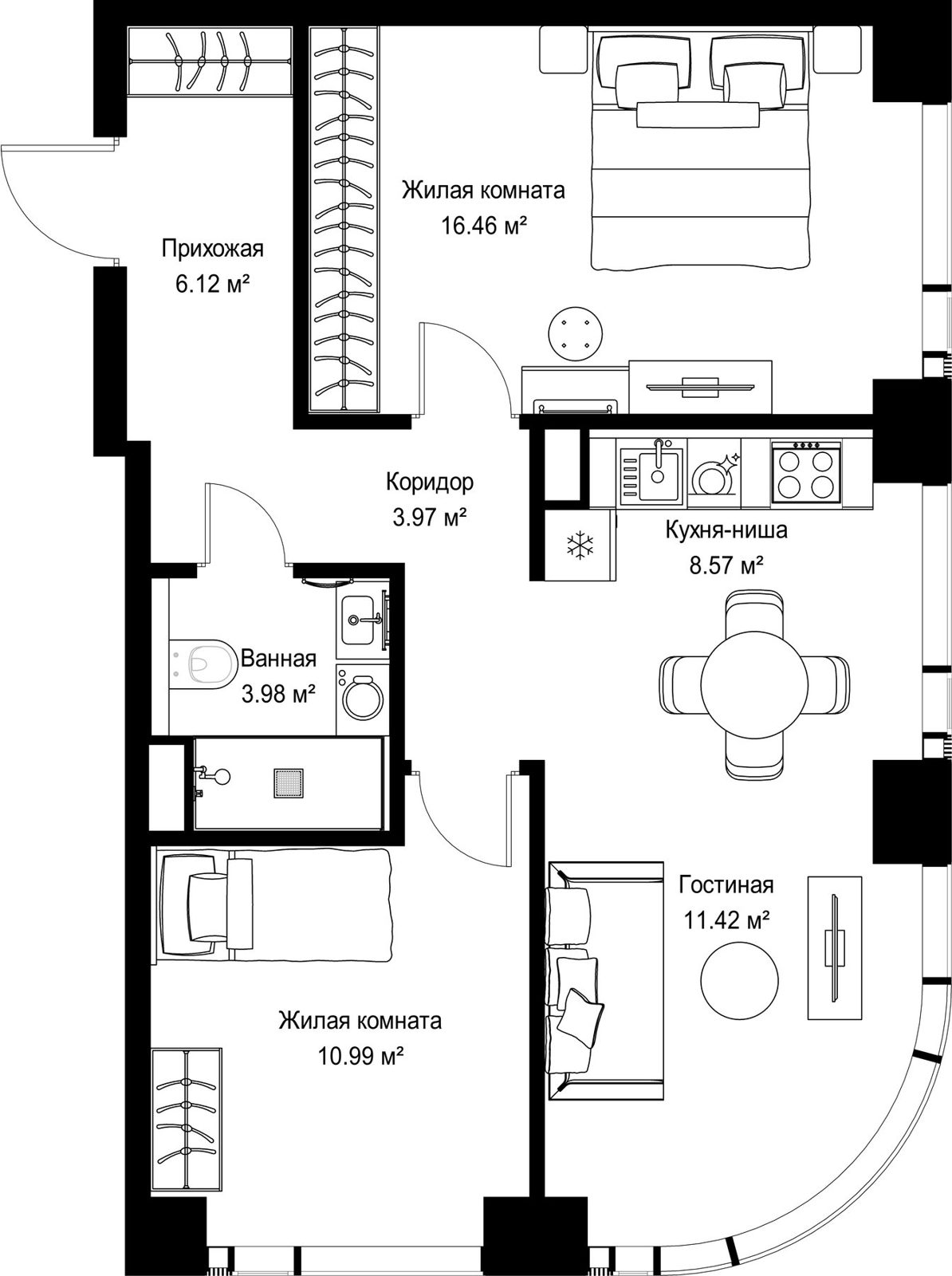 2-комнатная квартира, 61,5 м²