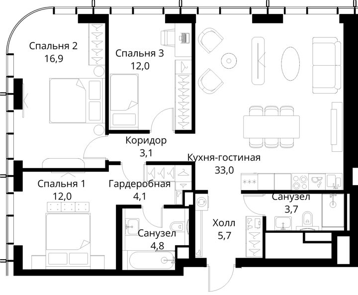3-комнатная квартира, 95,3 м² — фото 1