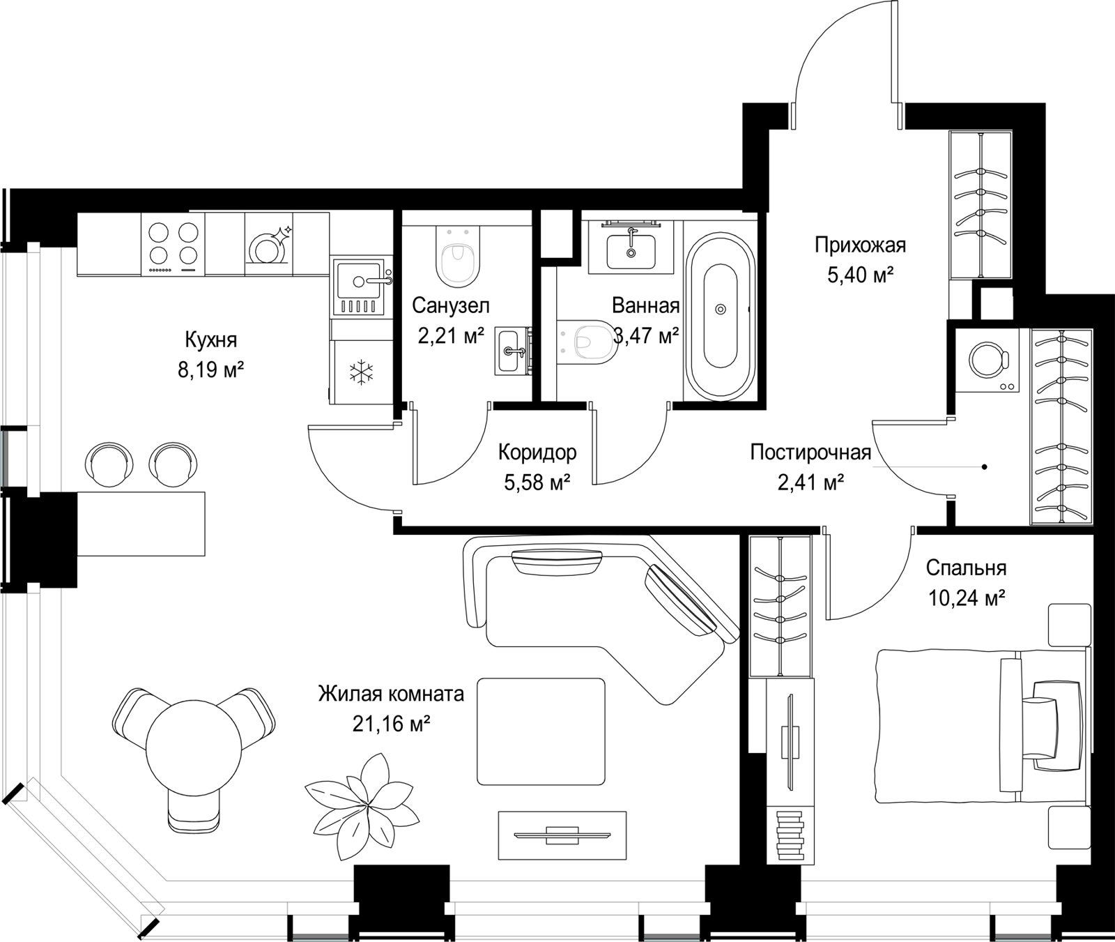 2-комнатная квартира, 58,7 м²