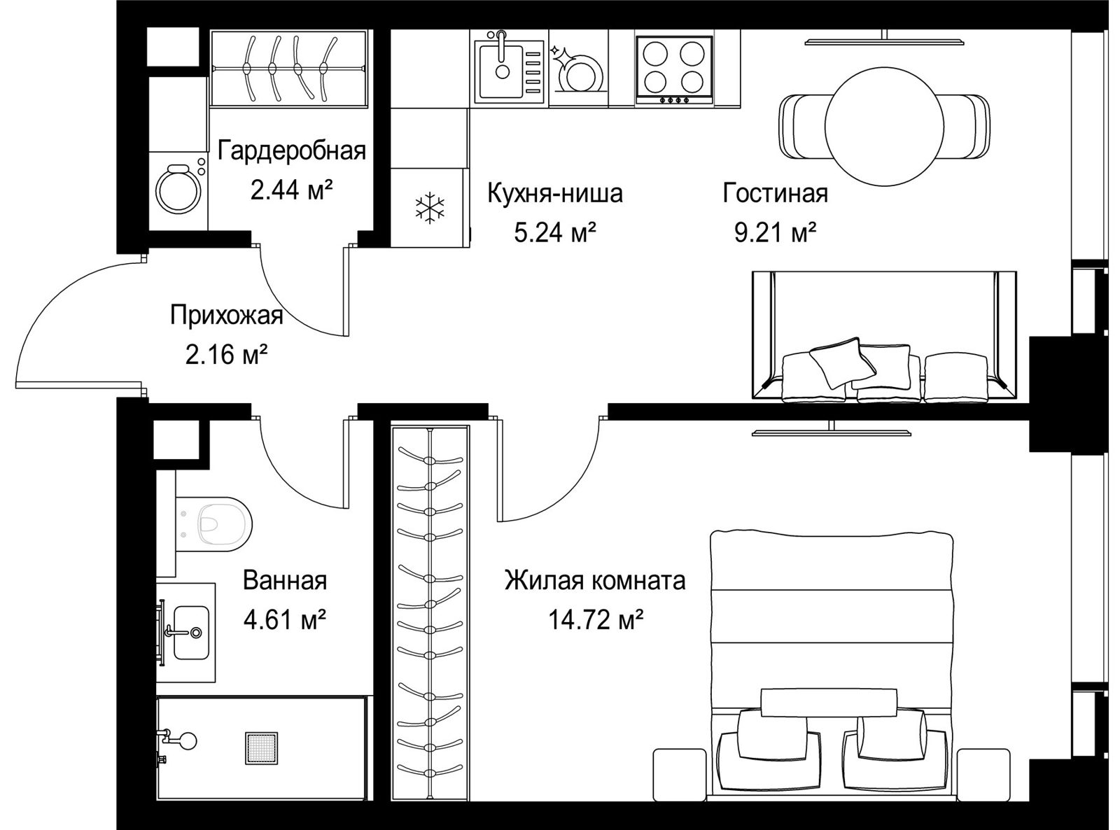 1-комнатная квартира, 38,4 м²