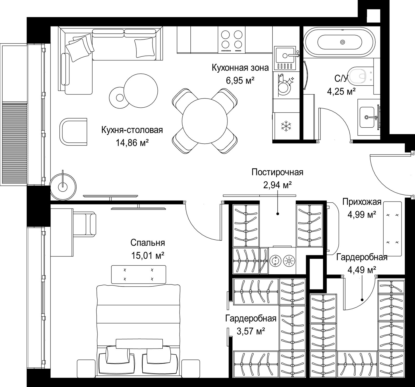 1-комнатная квартира, 57,1 м²