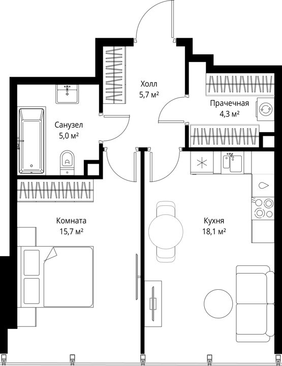1-комнатная квартира, 48,8 м²