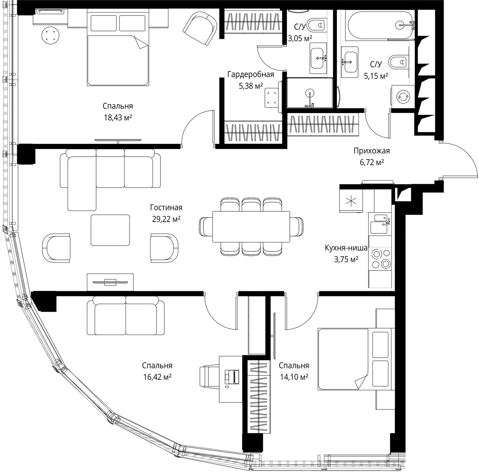 3-комнатная квартира, 103 м²
