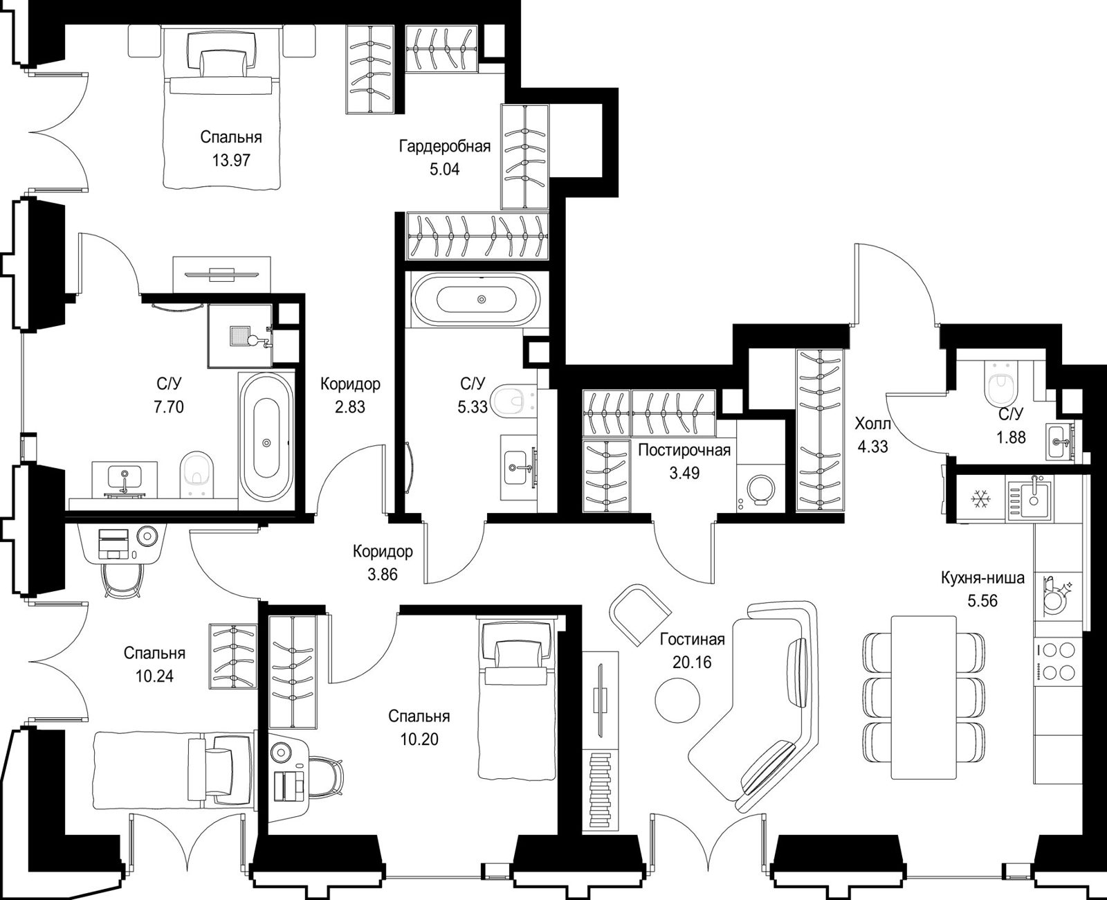 3-комнатная квартира, 95,5 м²