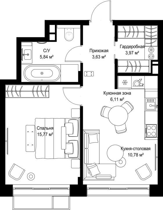 1-комнатная квартира, 46,1 м² — фото 1