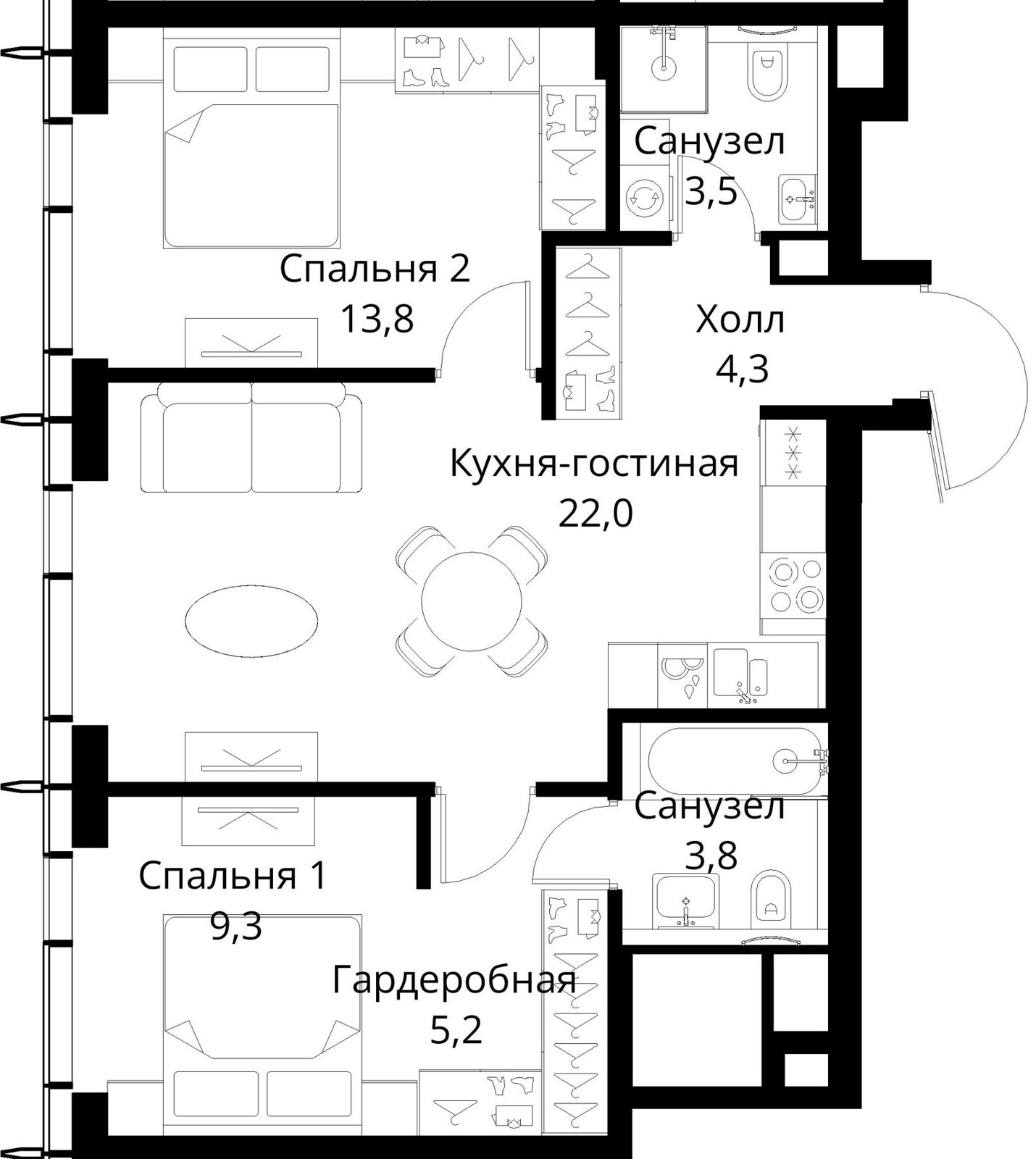 2-комнатная квартира, 61,9 м²