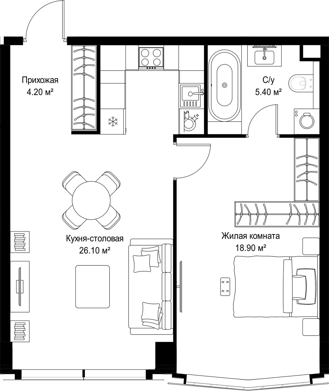 1-комнатная квартира, 54,6 м²